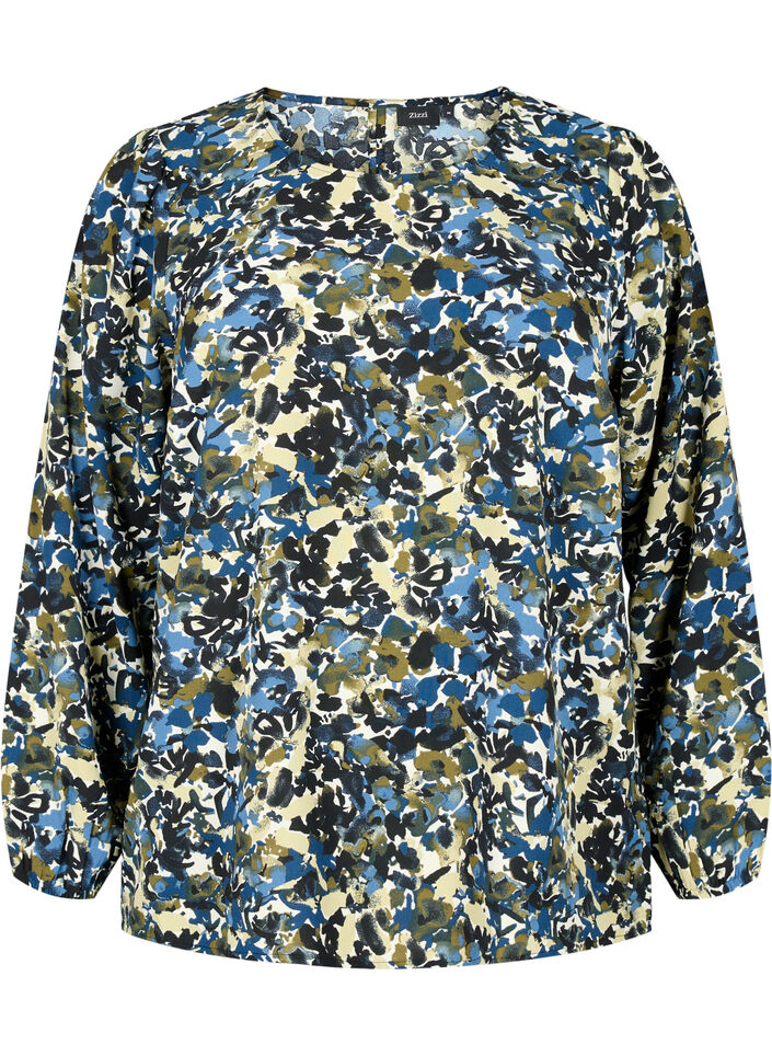 Blouse with puff sleeves, Blue Green AOP, Packshot image number 0