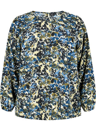 Blouse with puff sleeves, Blue Green AOP, Packshot image number 0