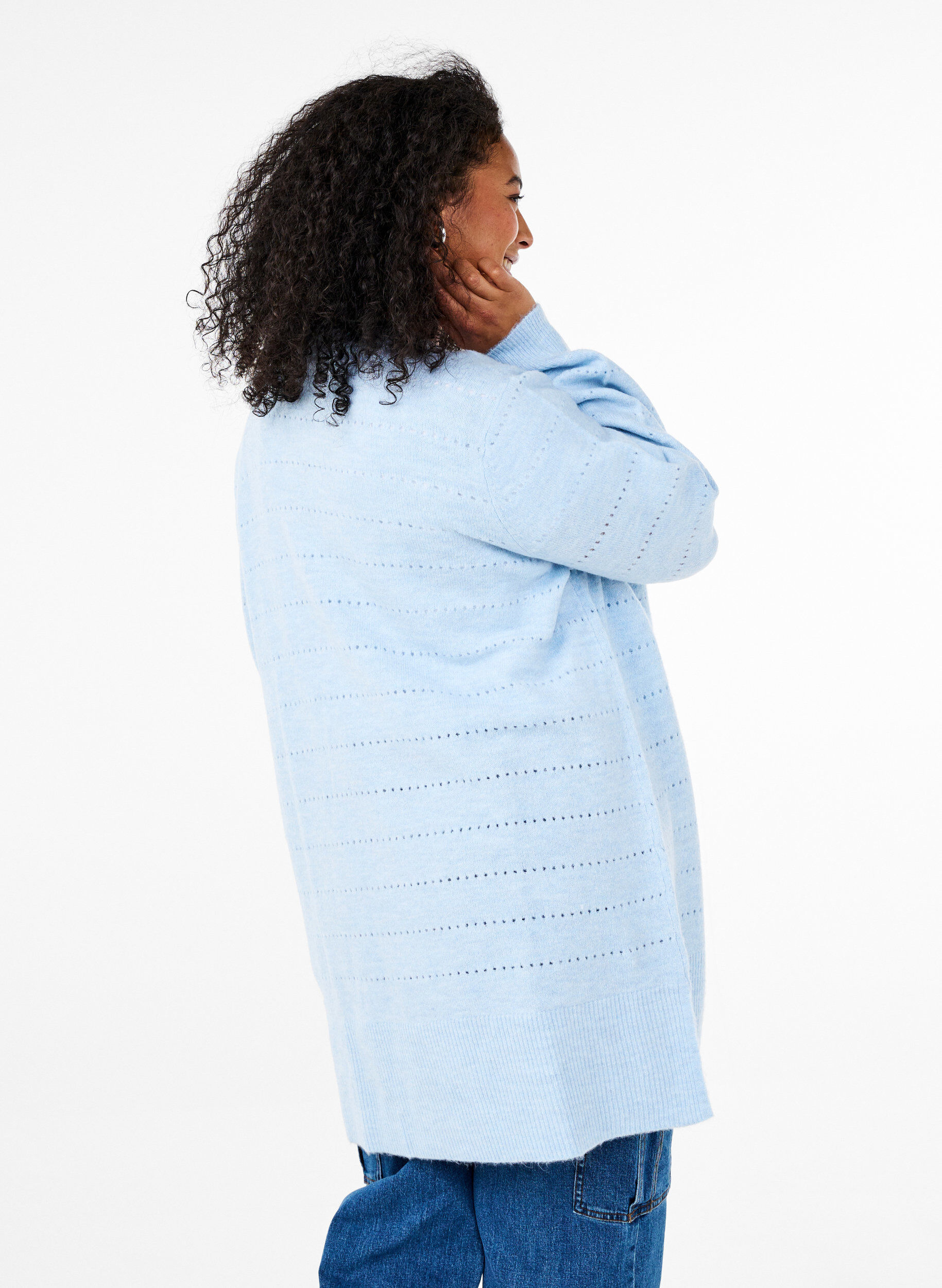 Zizzifashion Long knitted cardigan with a lace pattern, Cashmere Blue Mel., Model image number 1