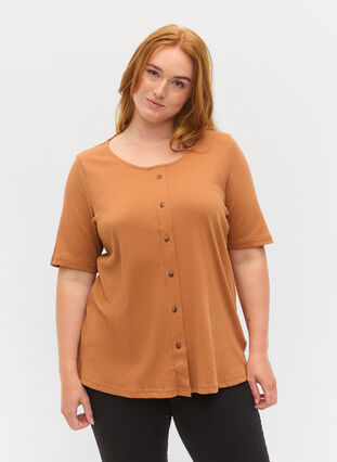 Short-sleeved T-shirt with buttons, Pecan Brown, Model image number 0