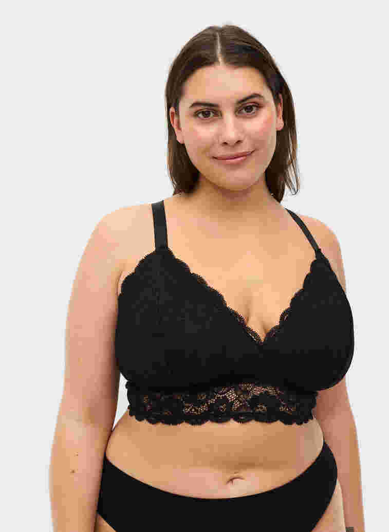 Padded lace bra with back detail, Black, Model