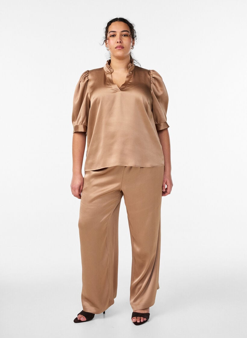Satin-look blouse with 1/2 sleeves and a ruffle collar, Brown, Model image number 1