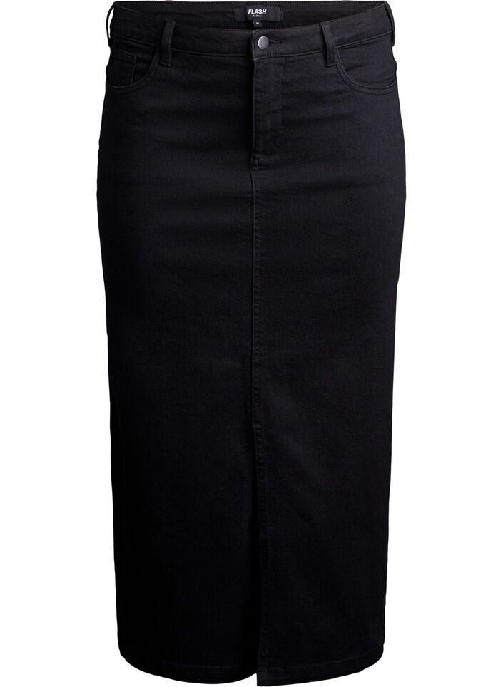 FLASH - Midi denim skirt with a front slit, Black, Packshot image number 0