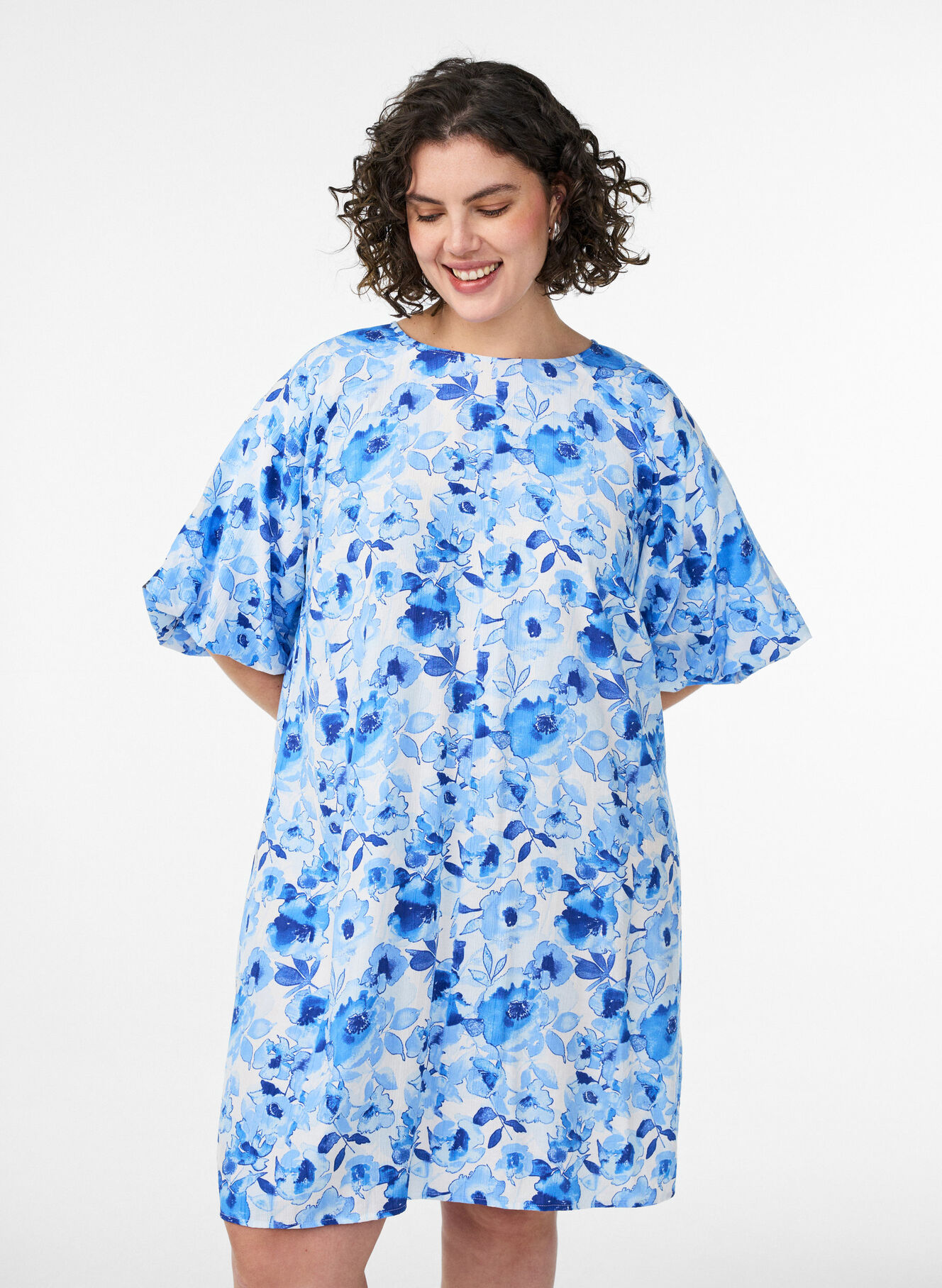 balloon short sleeve dress Short linen blend dress with balloon sleeves Woman, Yellow