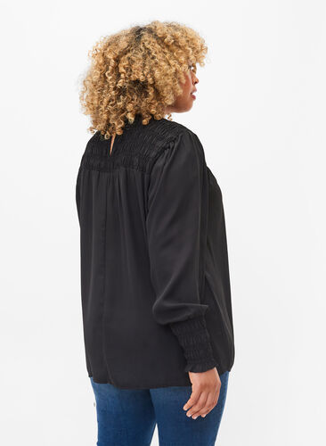 Long-sleeved blouse with smocking, Black, Model image number 1