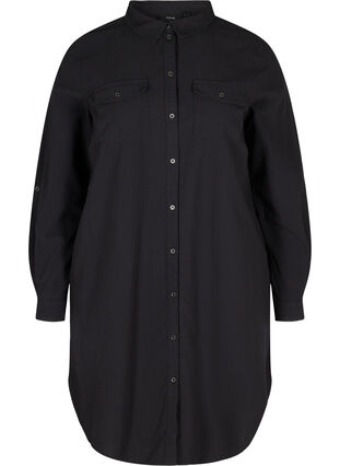 Long cotton shirt with chest pockets, Black, Packshot image number 0