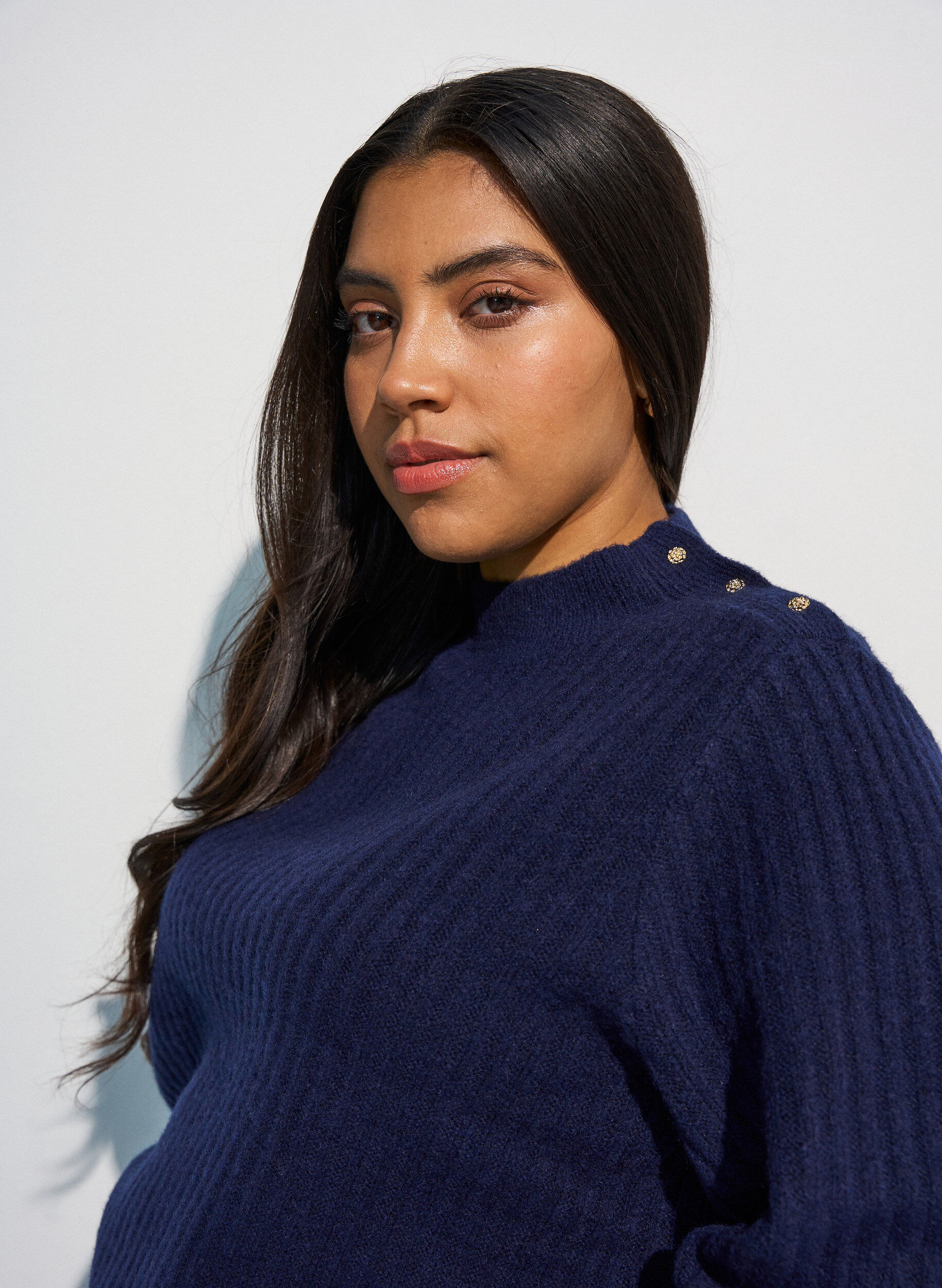 ZizzifashionRibbed jumper with puff sleeves and buttons, Blue, Model image number 3