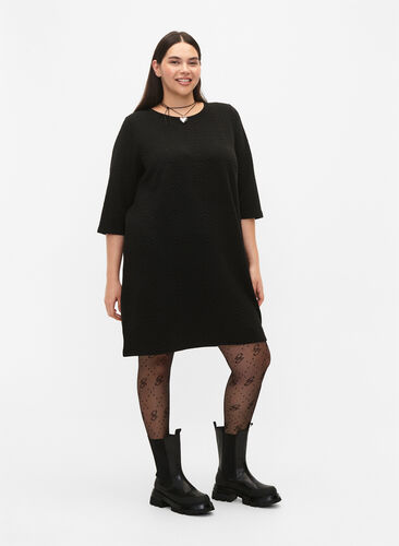 Dress with texture and 3/4 sleeves, Black, Model image number 2