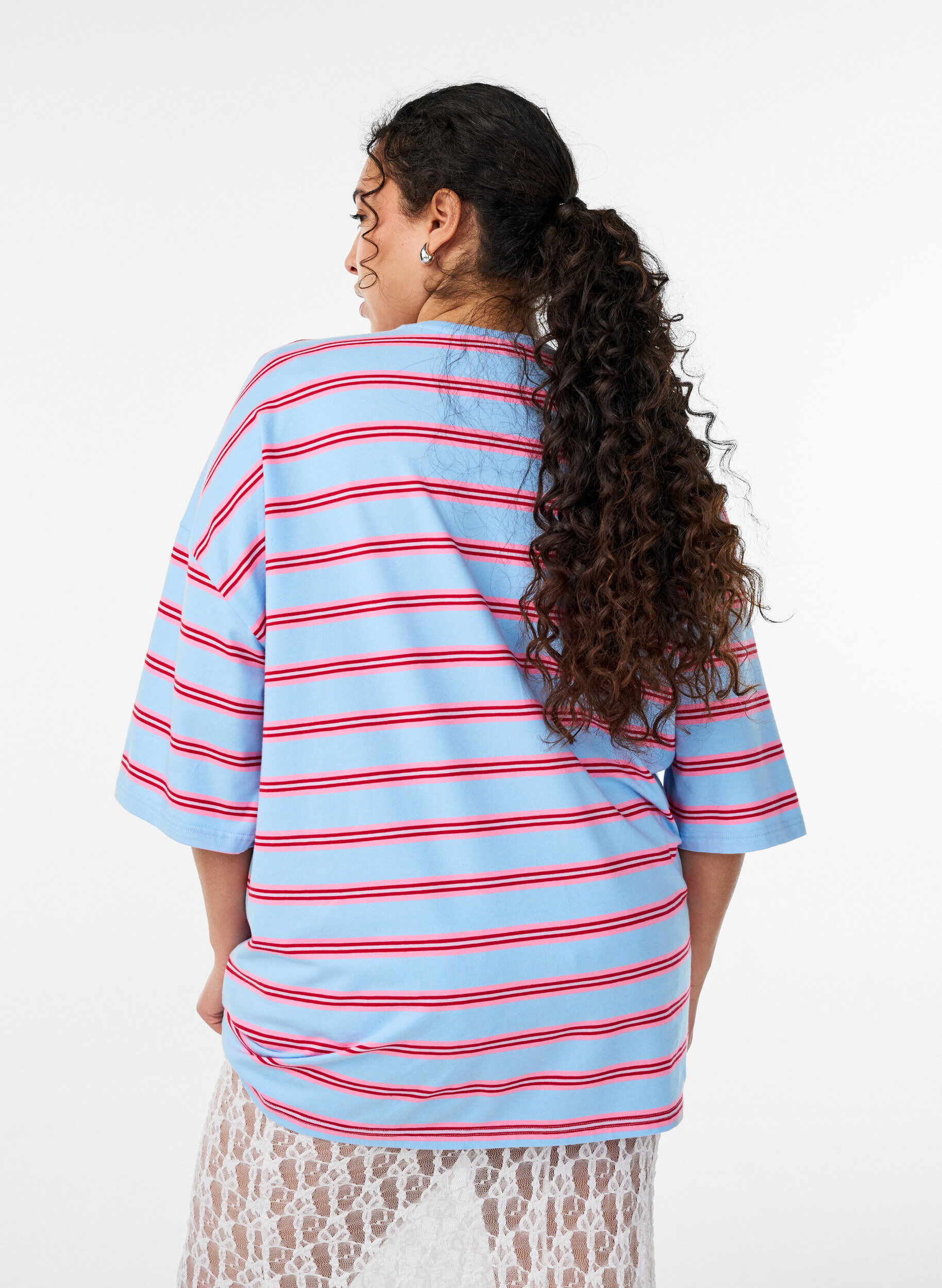 ZizzifashionOversized T-shirt with stripes and 1/2 sleeves, Light Blue, Model image number 2