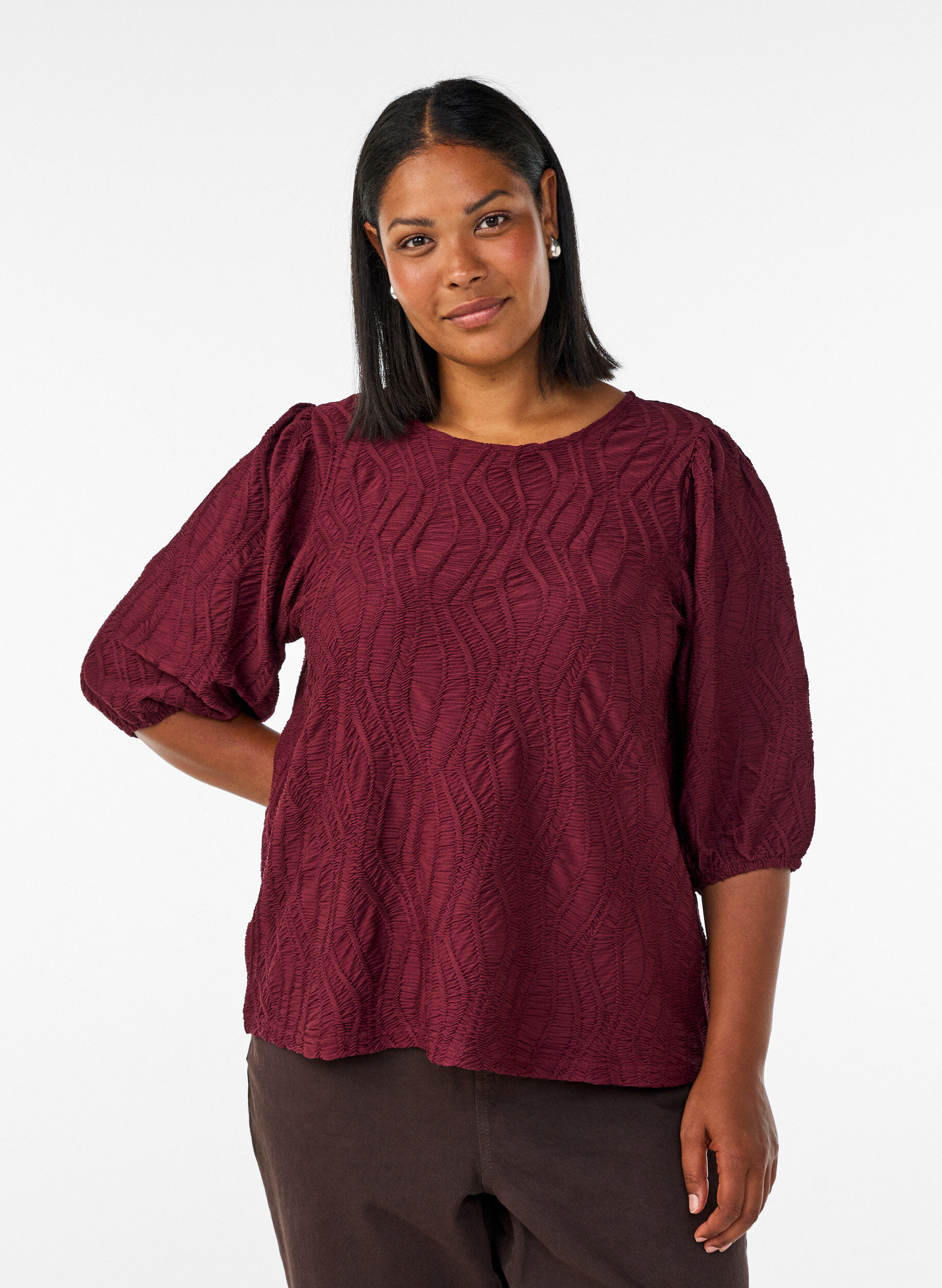 ZizzifashionBlouse with texture and 3/4 sleeves, Red, Model image number 0
