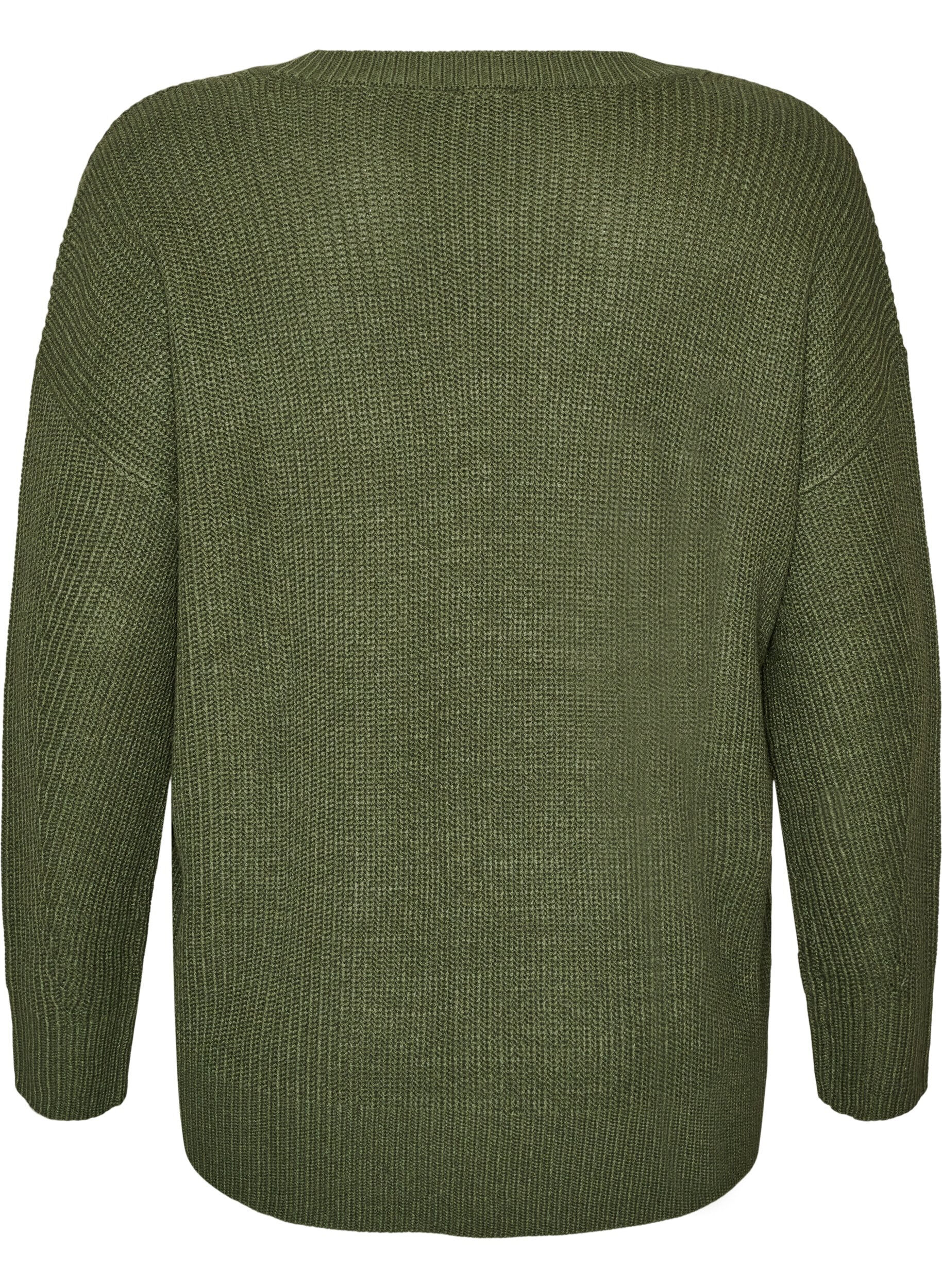 ZizzifashionLong rib-knitted blouse with a V-neck, Green, Packshot image number 1