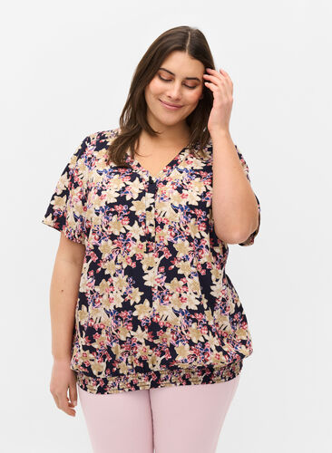 Short-sleeved floral viscose blouse with smock, Night sky Flower AOP, Model image number 0