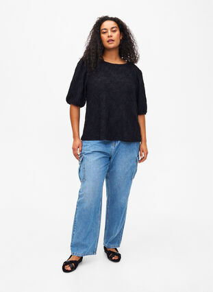 Textured blouse with short sleeves, Black, Model image number 2