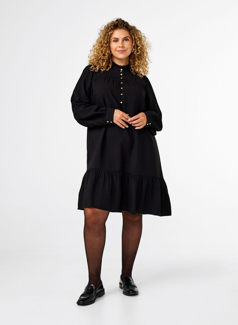 Short dress with ruffle collar, Black, Model image number 2