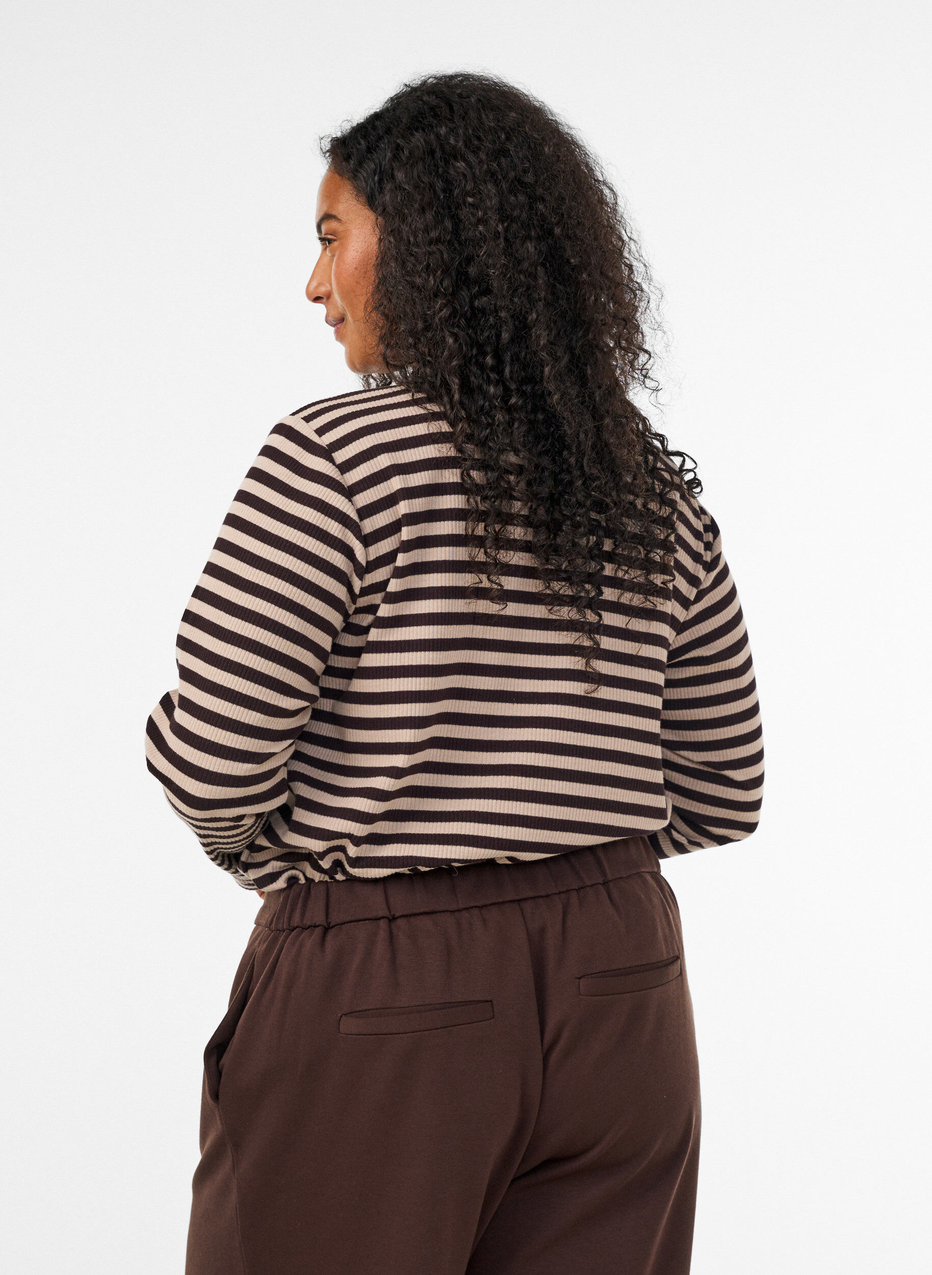 ZizzifashionStriped blouse with long sleeves, Brown, Model image number 2