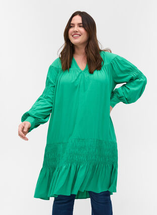 Long-sleeves viscose dress with smock details, Mint, Model image number 0