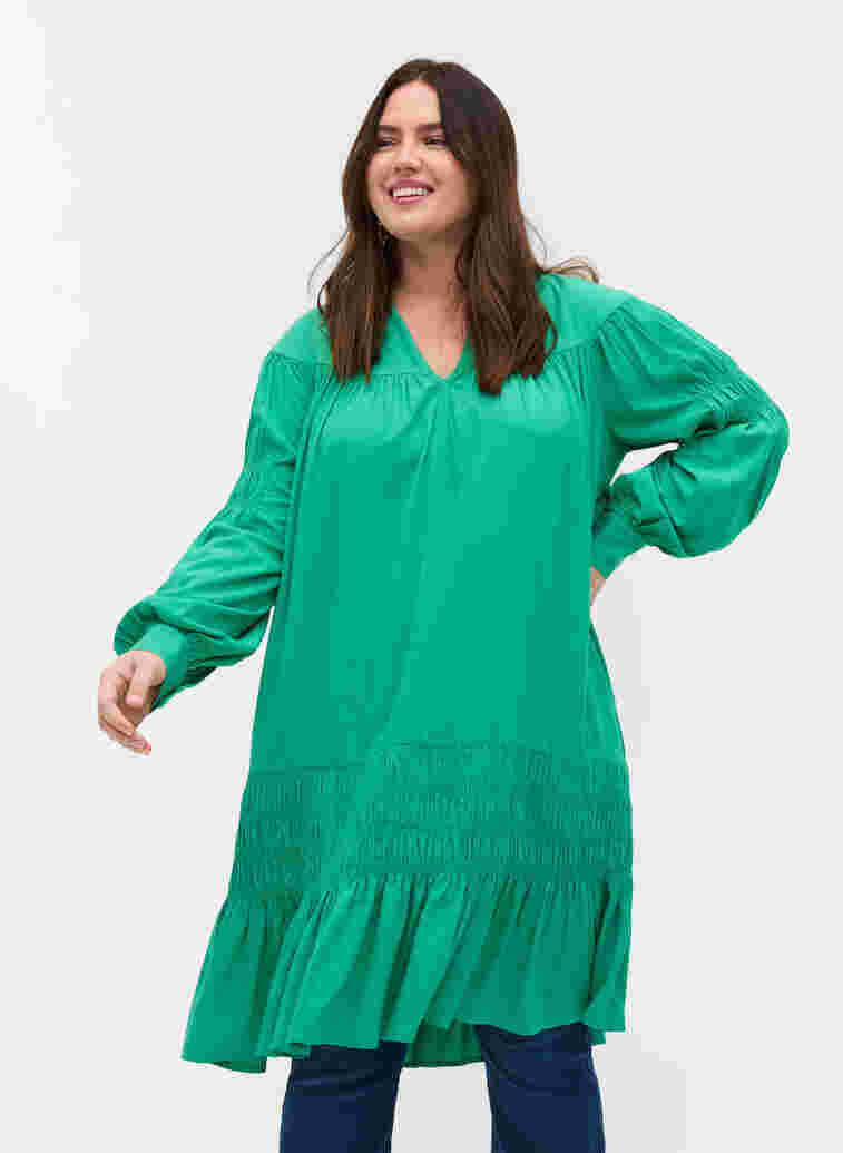 Long-sleeves viscose dress with smock details, Mint, Model