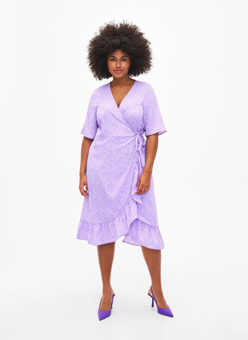 Printed wrap dress with short sleeves , Purple, Model image number 0