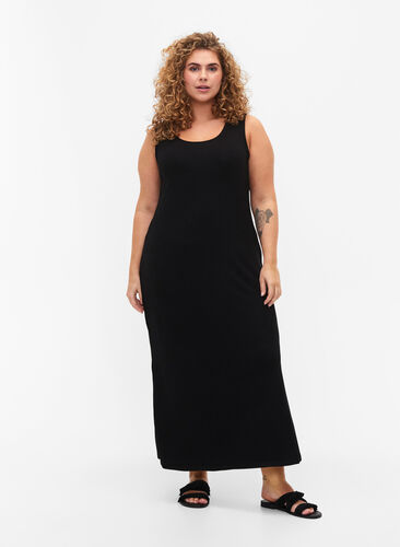 Sleeveless ribbed dress in viscose, Black, Model image number 0