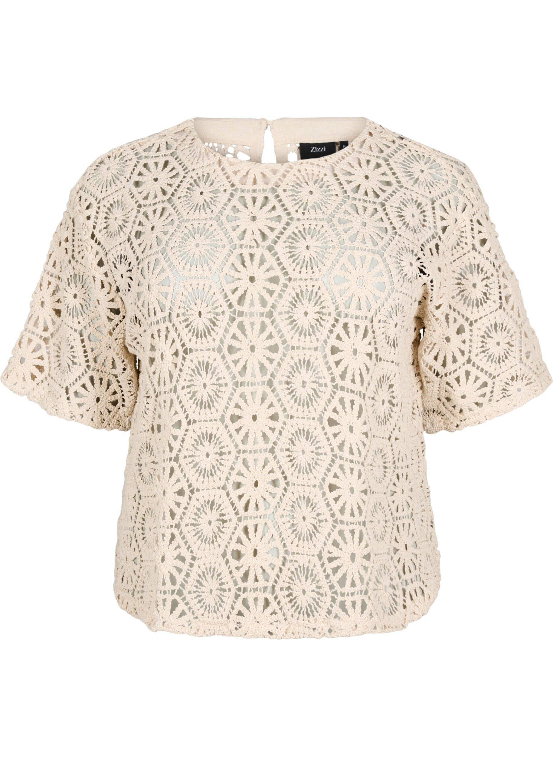 Zizzifashion Crochet blouse with short sleeves, Beige, Packshot image number 0