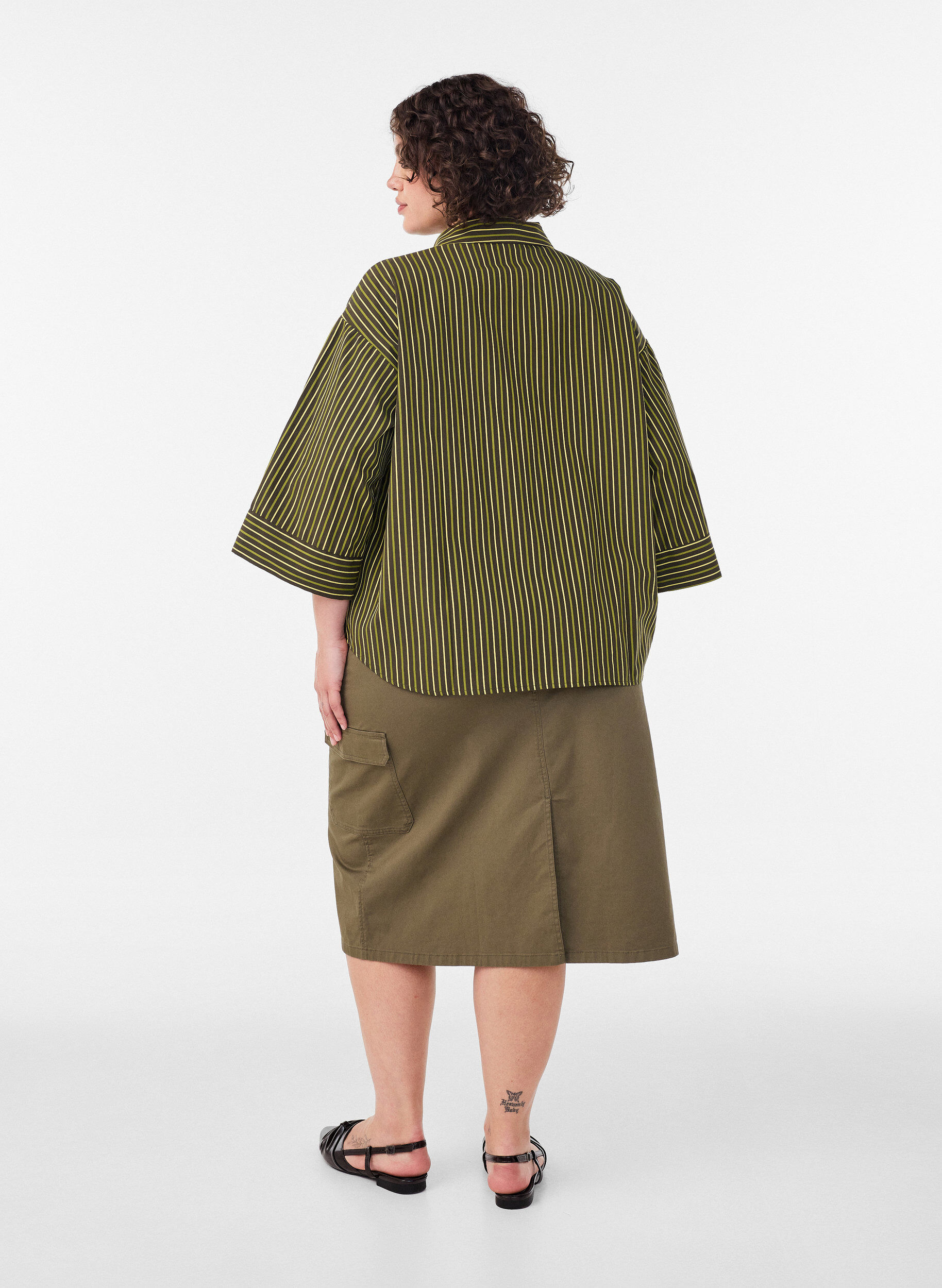 ZizzifashionLoose striped shirt with 3/4 sleeves, Green, Model image number 2