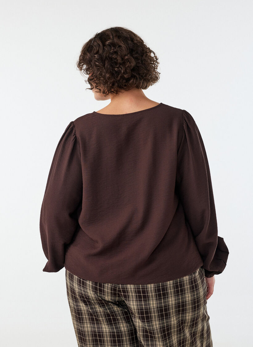 Viscose blouse with V-neck and balloon silhouette, Brown, Model image number 2