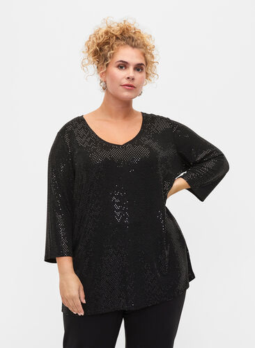 Top with glitter structure and v-neck, Black, Model image number 0