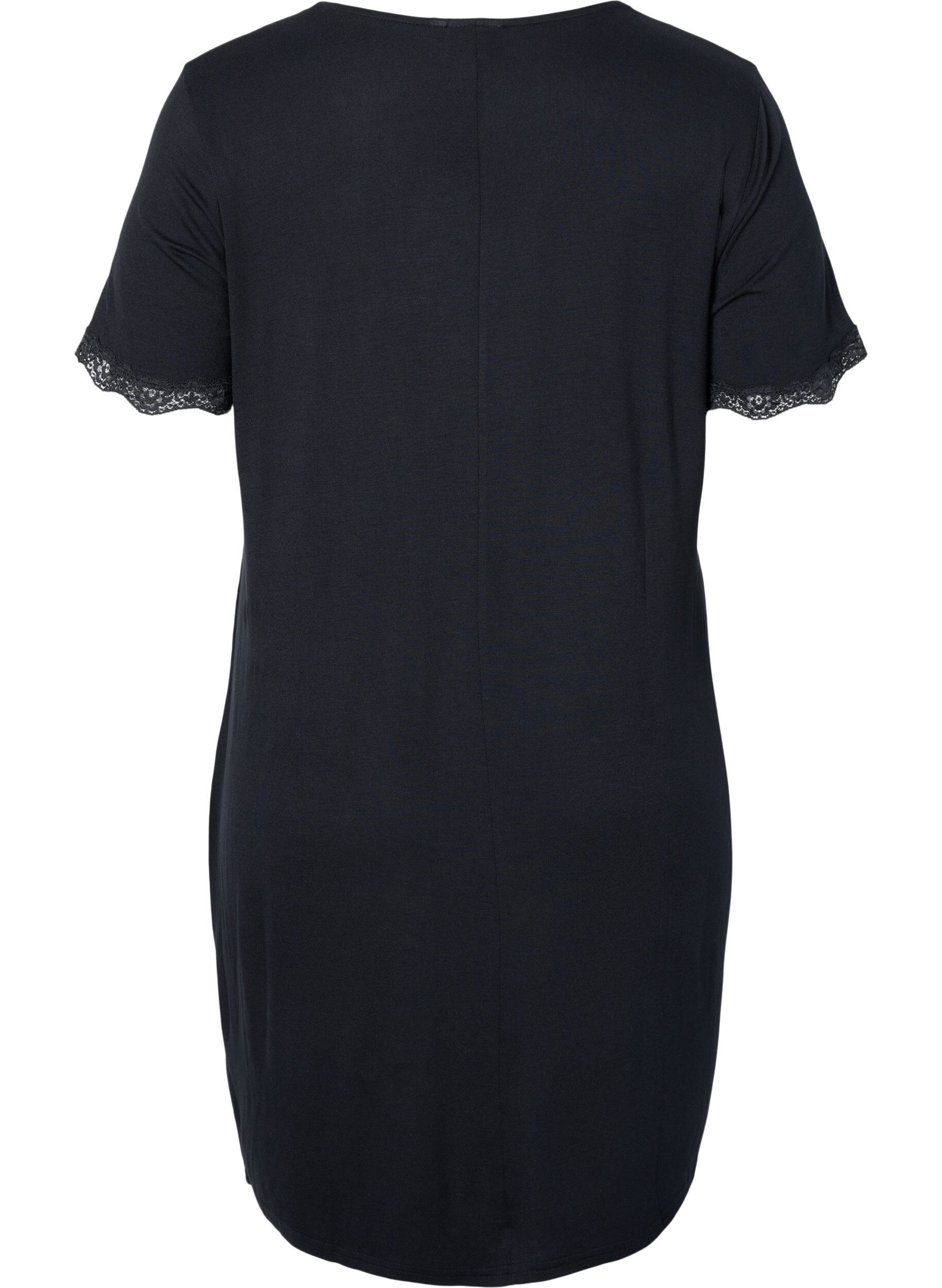 Zizzifashion Short-sleeved viscose nightie with lace edges, Black, Packshot image number 1