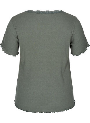 Short-sleeved, ribbed t-shirt with lace trim, Balsam Green, Packshot image number 1