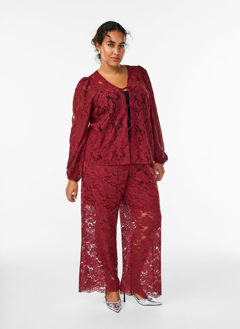 Lace trousers with a high waist and pockets, Dark Bordeaux, Model image number 0
