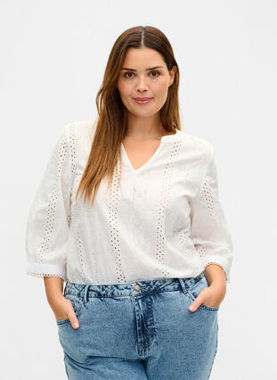 Cotton blouse with broderie anglaise, Bright White, Model image number 0
