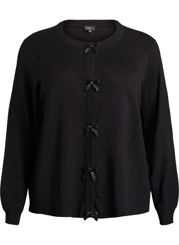Cardigan with pearl-embroidered bows and press studs, Black, Packshot image number 0