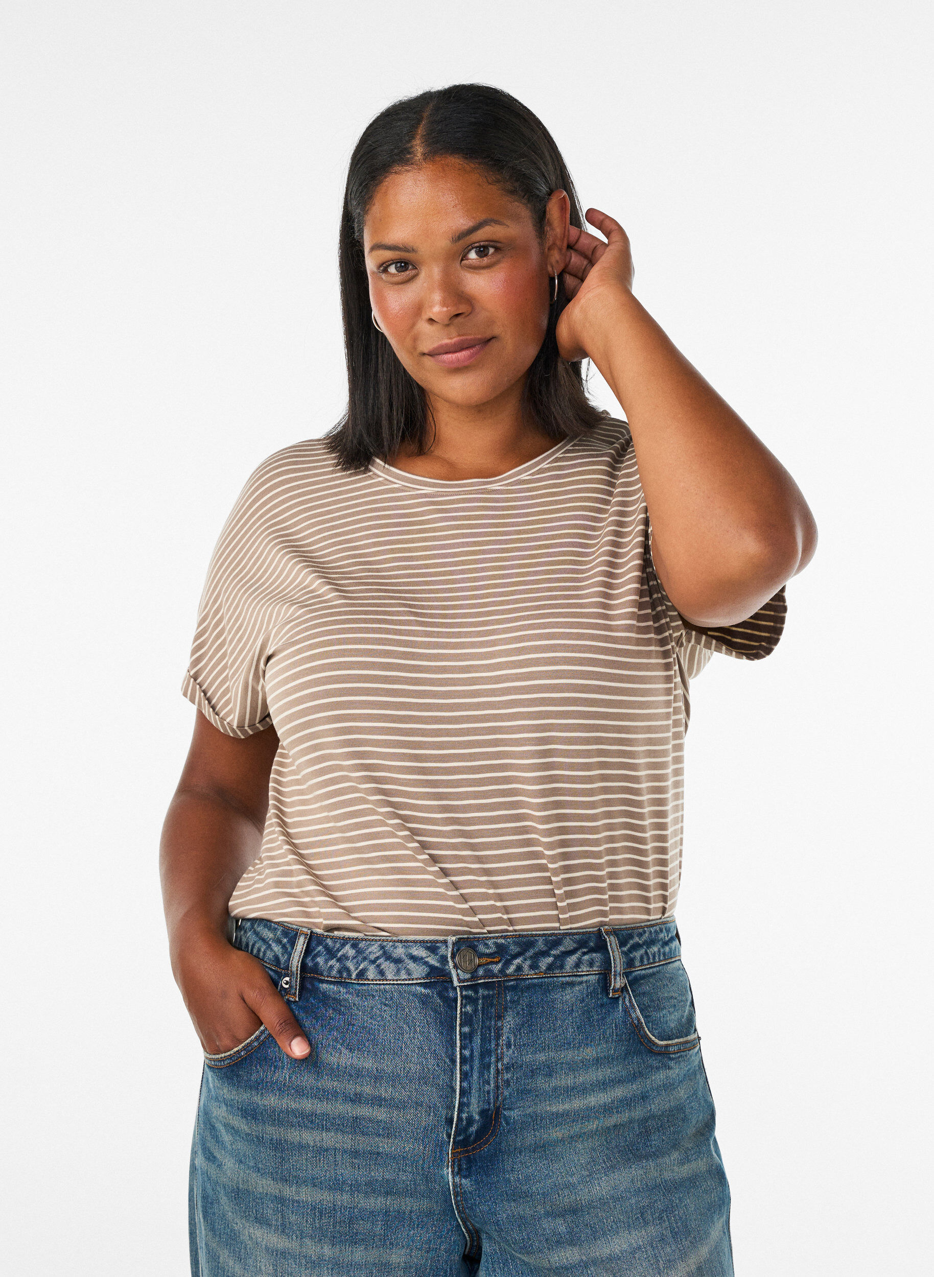 ZizzifashionStriped T-shirt in viscose with a round neck, Beige, Model image number 0