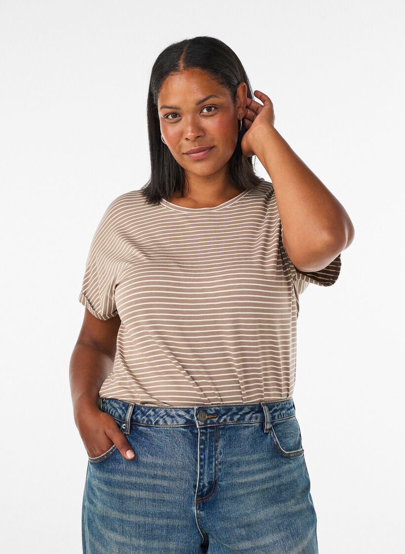 Striped T-shirt in viscose with a round neck, Beige, Model image number 0