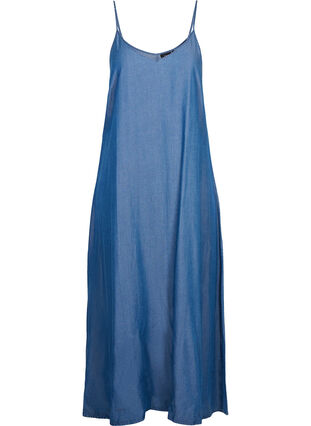 Long denim dress with thin straps, Dark blue denim, Packshot image number 0