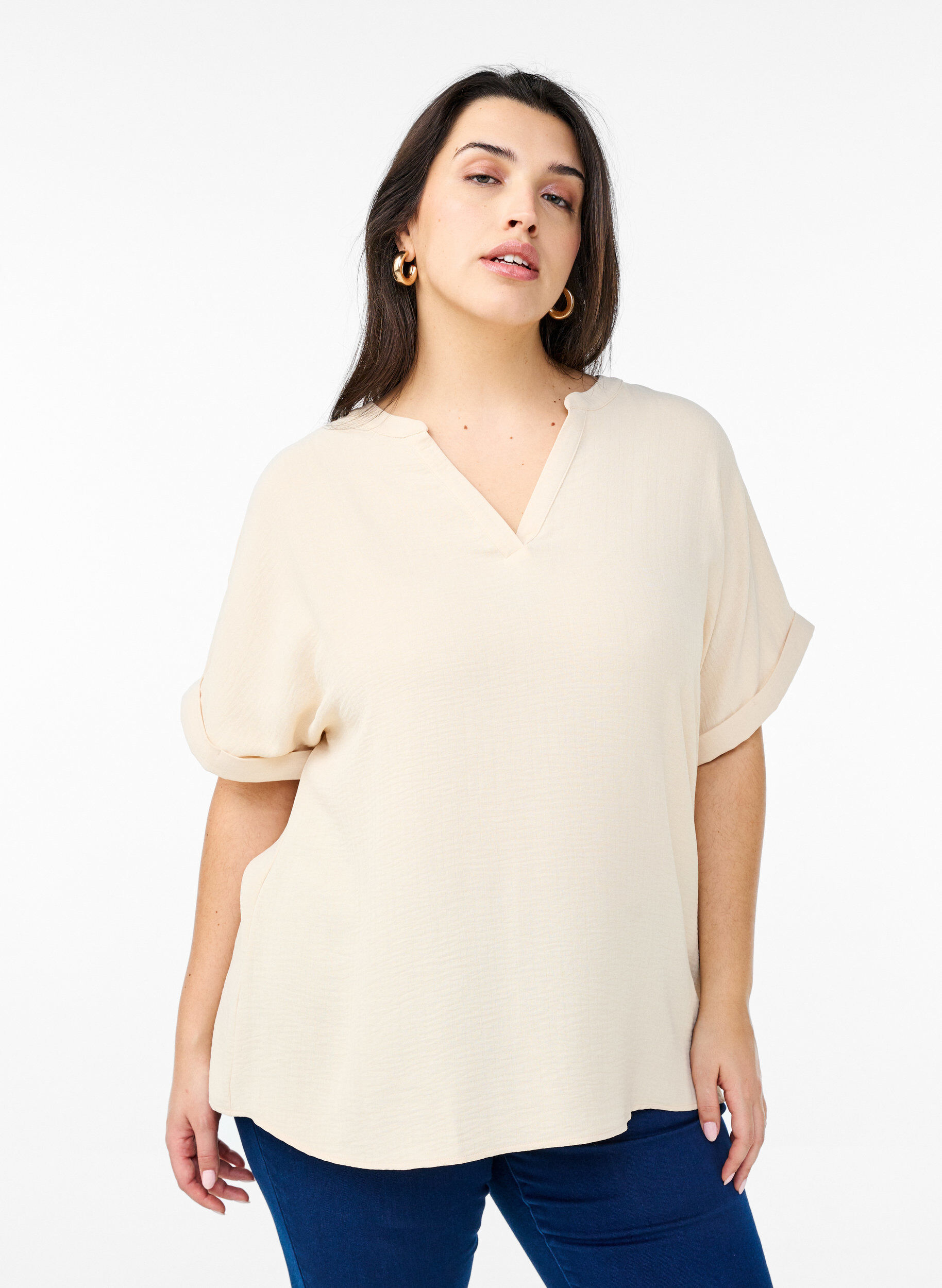 ZizzifashionLoose blouse with short sleeves, Beige, Model image number 0