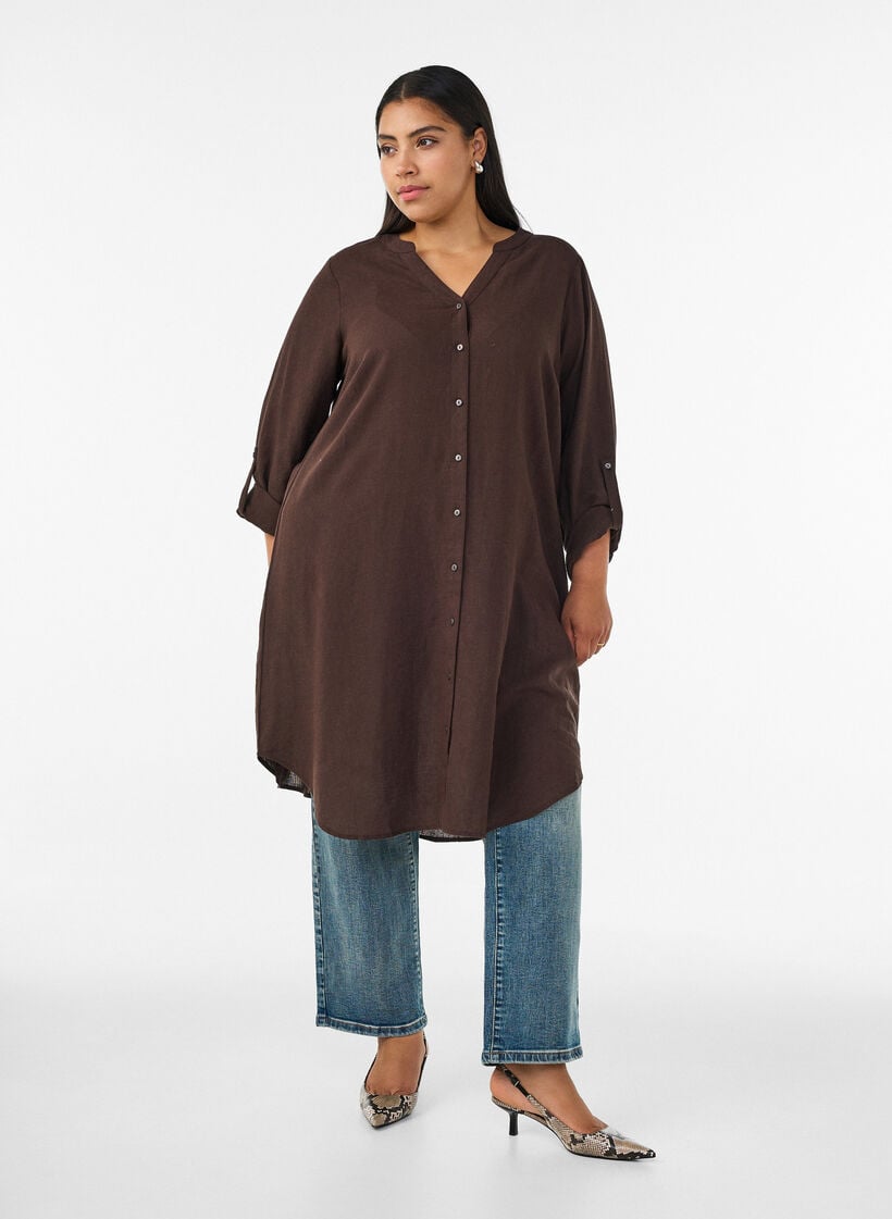 Long shirt in linen and viscose, Brown, Model image number 0