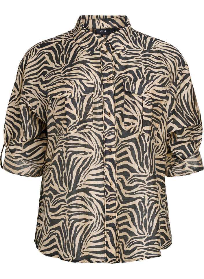 Loose shirt with animal print and chest pockets, Black, Packshot image number 0