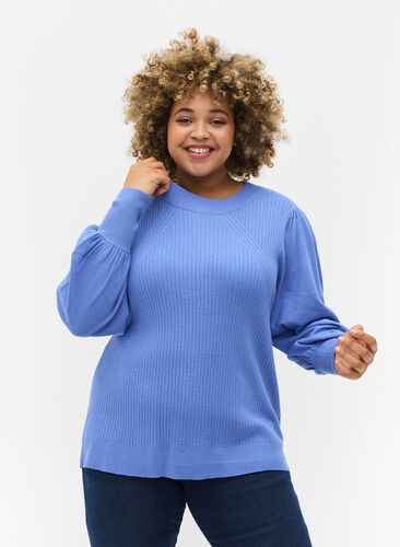 Ribbed blouse with balloon sleeves, Ultramarine Mel., Model image number 0