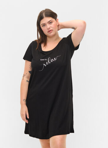 Short-sleeved nightdress in cotton, Black RELAX, Model image number 0