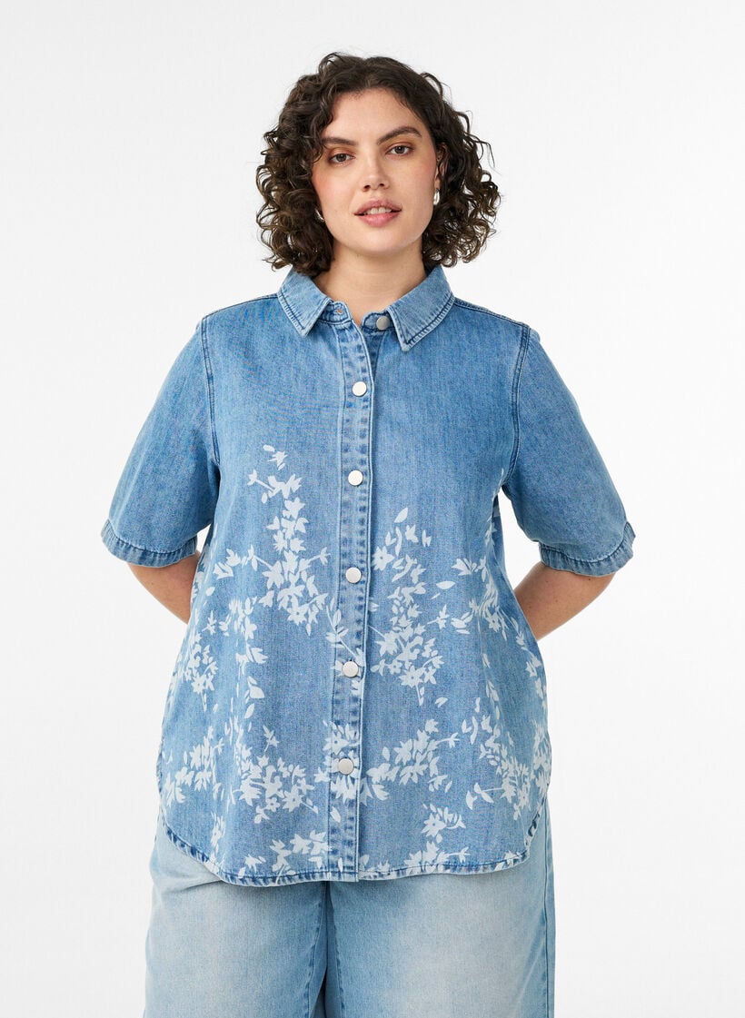 Denim shirt with floral print and short sleeves, Light Blue, Model image number 0