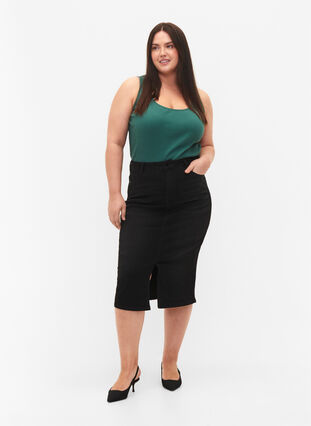 Denim midi skirt with slits, Black, Model image number 0
