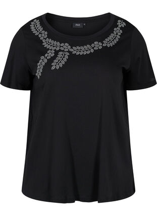 Short-sleeved cotton t-shirt with decorative rhinestones, Black Stone, Packshot image number 0