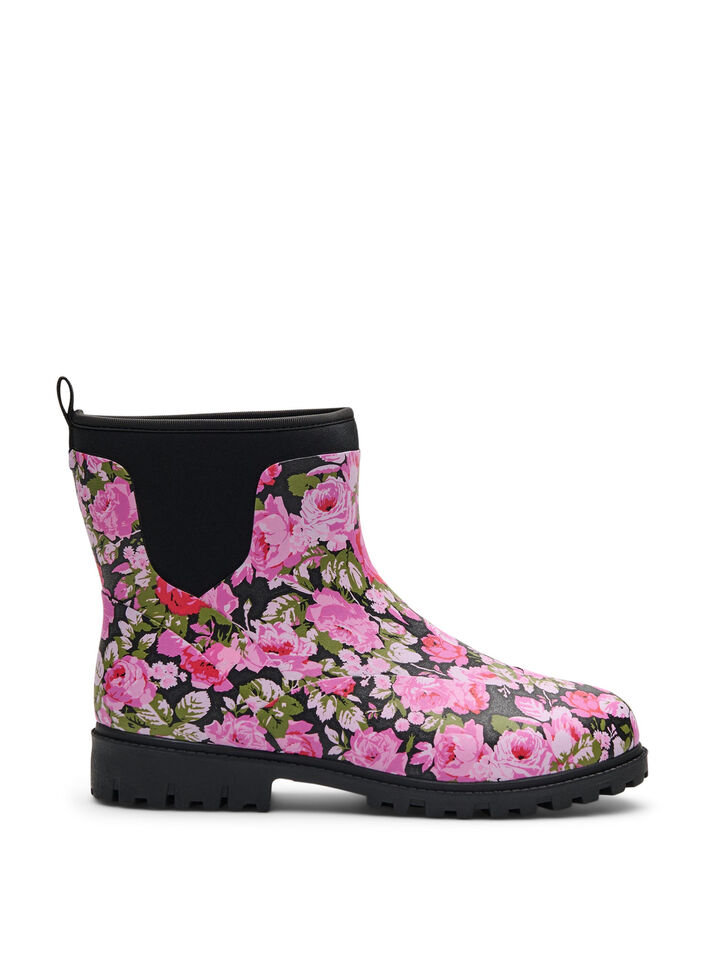 Wide fit - Short wellies with elastic neoprene shaft, Flower AOP, Packshot image number 0