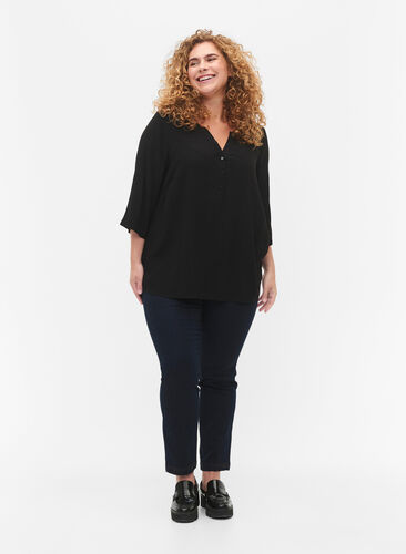 Blouse in viscose with 3/4 sleeves, Black, Model image number 2