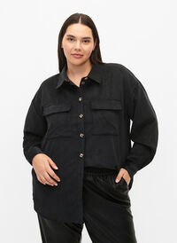 Long sleeve velvet shirt with chest pockets, Black, Model