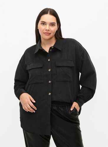 Long sleeve velvet shirt with chest pockets, Black, Model image number 0