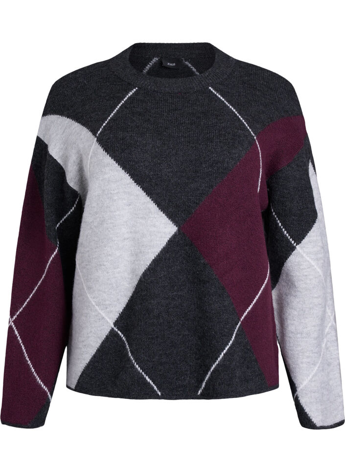 Jumper with large checks and contrast sleeves, Dark Grey, Packshot image number 0