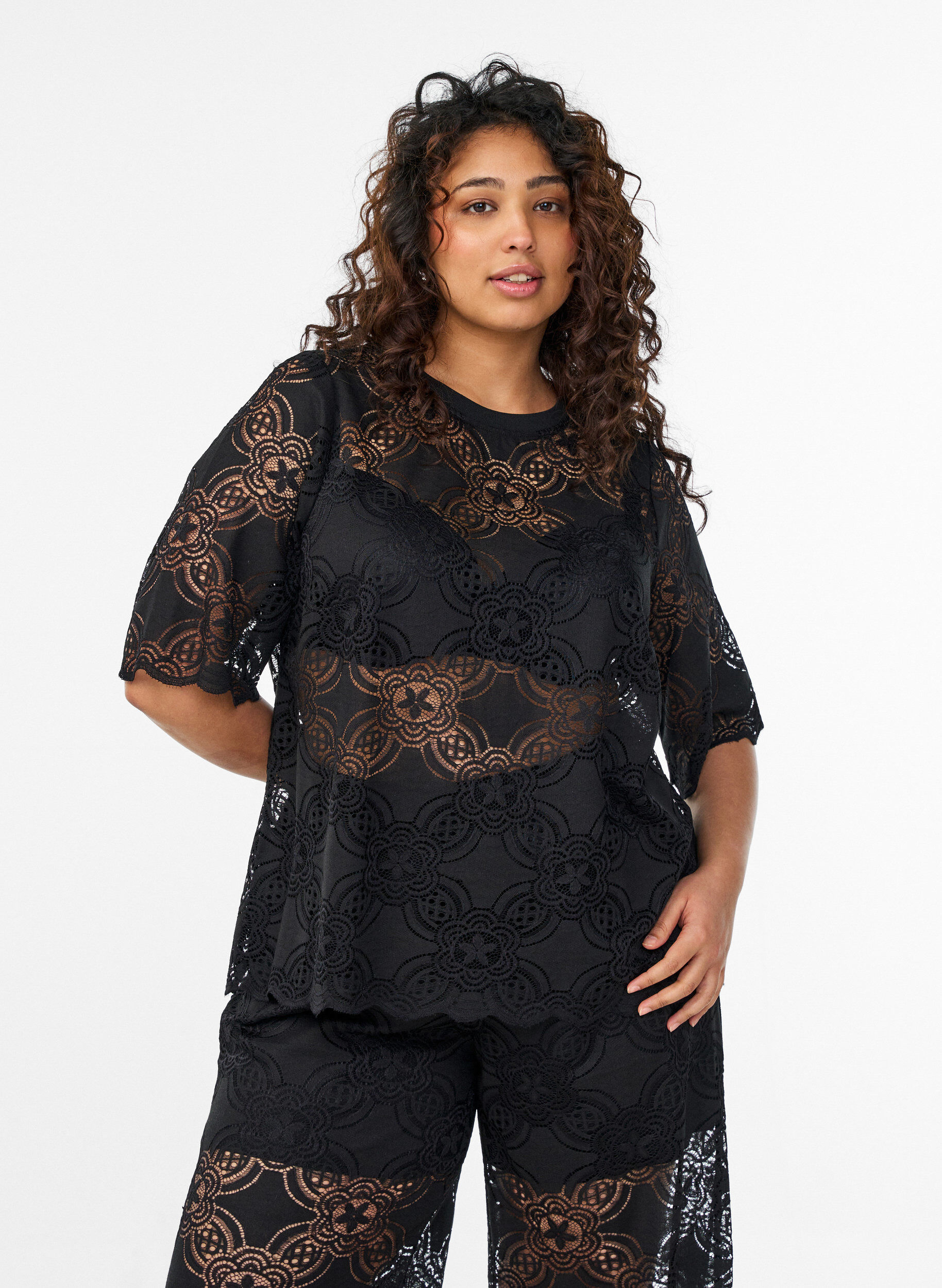 Zizzifashion Lace blouse with a graphic pattern and 1/2-length sleeves, Black, Model image number 0