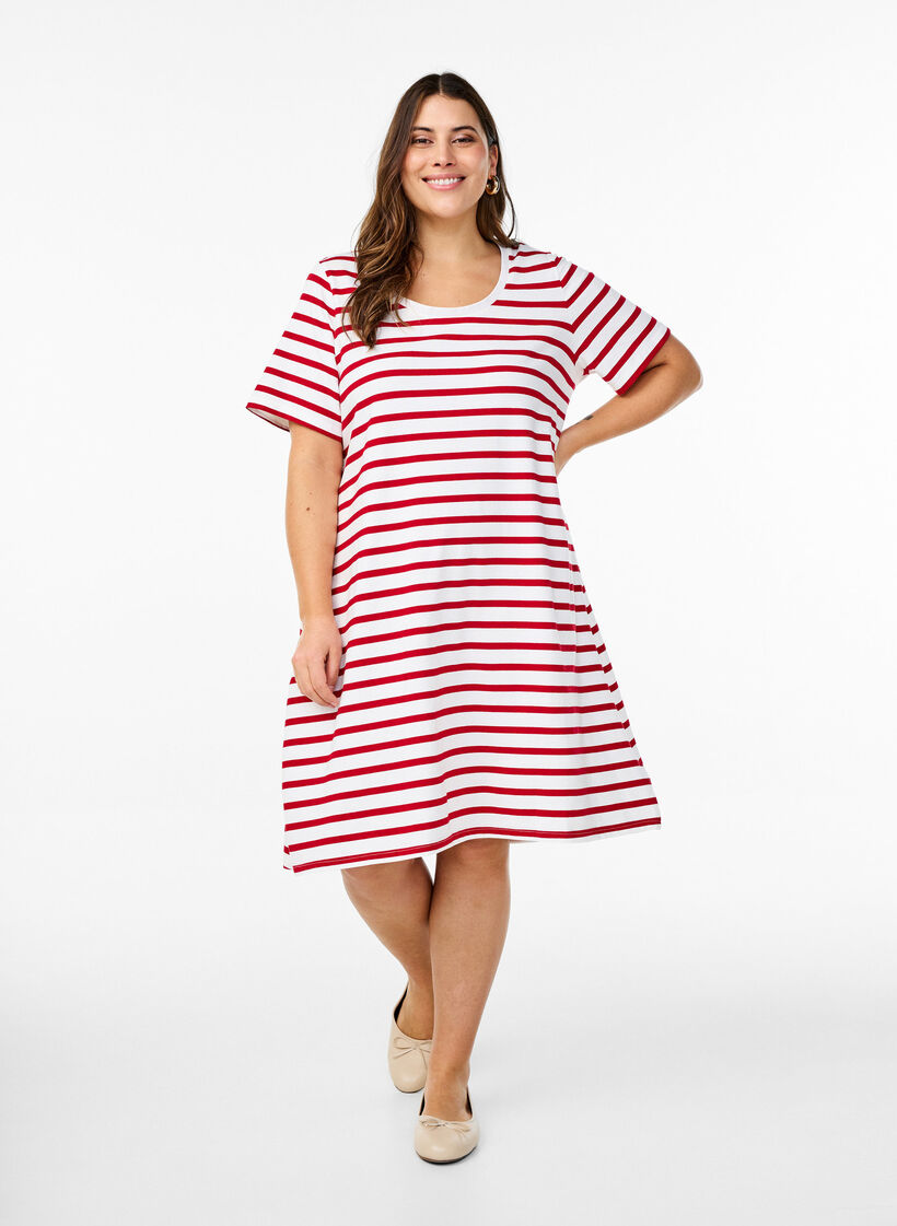 Striped jersey dress with short sleeves, Red, Model image number 0